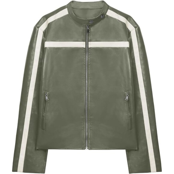 Women's Army Green Faux Leather Zip Up Moto Biker Y2K Racing Bomber Jackets - Picture 7 of 7
